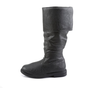 side view of black cuffed knee high Renaissance men's boot with 1-inch flat heel Robinhood-100