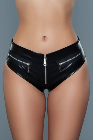 black faux leather shorts with zipper accents J18