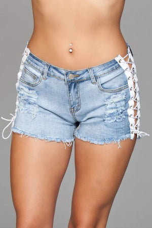 light blue denim side lace-up shorts, Daisy Duke cutoffs J6