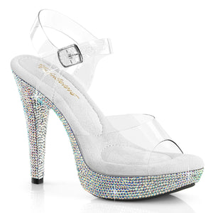 Rhinestone clear ankle strap sandal heels with a 5" spike heel