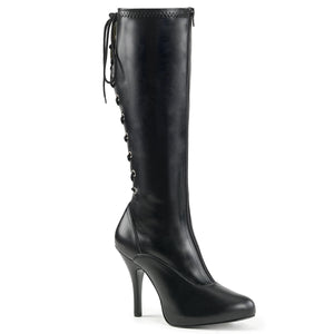 lace-up back black faux leather high heel knee boots EVE-208