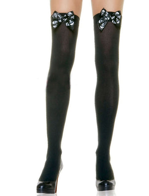 black thigh high stockings with black satin bow at top with printed white skulls 6396