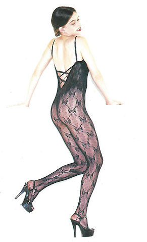 bow lace bodystocking with spaghetti straps and criss cross strap V-back 8681