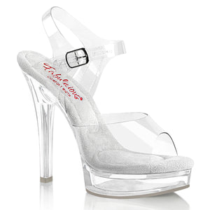 Comfort width ankle strap sandal with 5-inch heel and 7/8" platform, clear high heel shoes sizes 5-11. MAJESTY-508