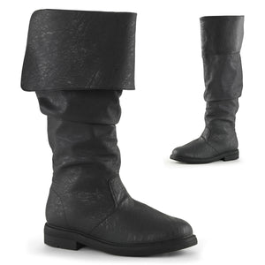 distressed black cuffed knee high Renaissance men's boot with 1-inch flat heel Robinhood-100
