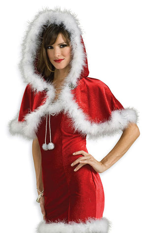 Red velvet hooded Christmas shrug mini cape with fuzzy trim 8762 with Christmas dress
