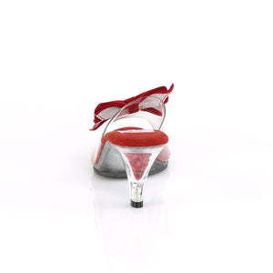 back of red velvet bow slide shoe with flower filled 3-inch clear heel Belle-301bow