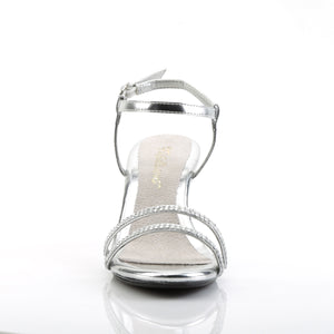 front of silver ankle strap sandal shoe with 3-inch clear heel Belle-316