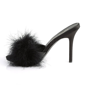 side view of black Marabou feather slipper with 4-inch heel Classique-01F