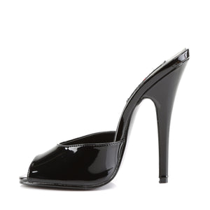 side view of black patent peep toe slide shoe with 6-inch stiletto heel and no platform Domina-101