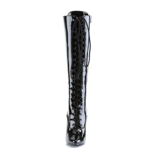 front of black patent lace-up knee high boots with no platform Domina-2020