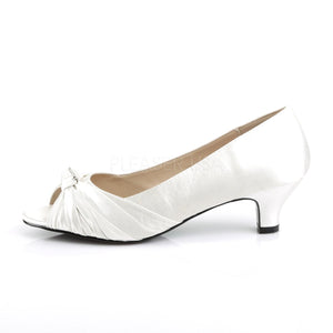 side view of ivory white satin peep toe pump with 2-inch heel Fab-422