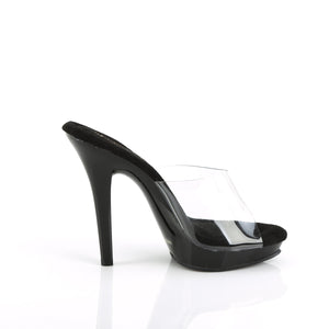 side view of black platform slide shoe with a clear vamp and 5-inch spike heel LIP-101