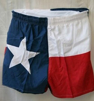 Men's swim trunks with the Texas flag design, featuring blue with a white star on one side and red and white stripes on the other. 81541