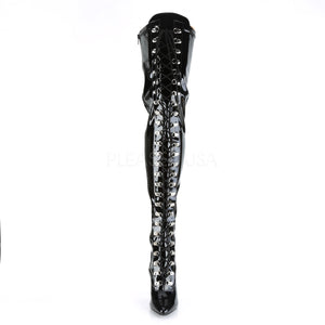 front of black D-ring lace-up thigh high boots with 5-inch heels Seduce 3024
