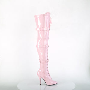 side view pink lace-up front triple buckle strap thigh boots with 5-inch heel Seduce-3028