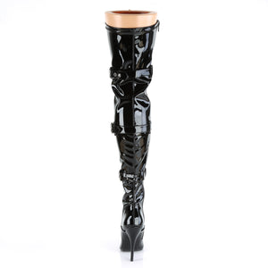 back of black lace-up front triple buckle strap thigh boots with 5-inch heel Seduce-3028