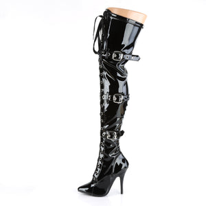 black patent lace-up front triple buckle strap thigh boots with 5-inch heel Seduce-3028