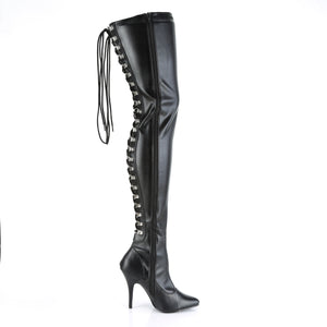 Black faux leather side zip lace-up D-ring thigh high boots with 5-inch stiletto heel Seduce-3063