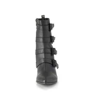 front view Pointed toe Mid-calf boot with block heel, 4 buckles WARLOCK-110-C