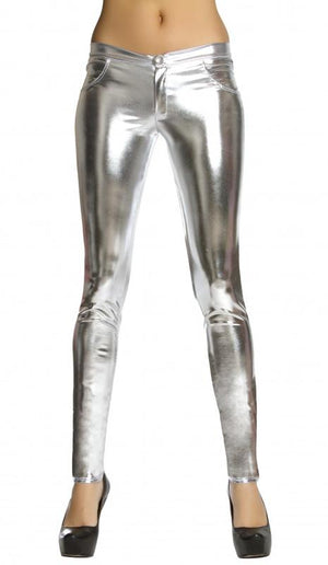 silver metallic foil button front pants with pocket detail 3175