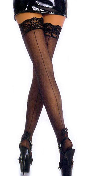 back of sheer black thigh high stockings with back seam EM-1702