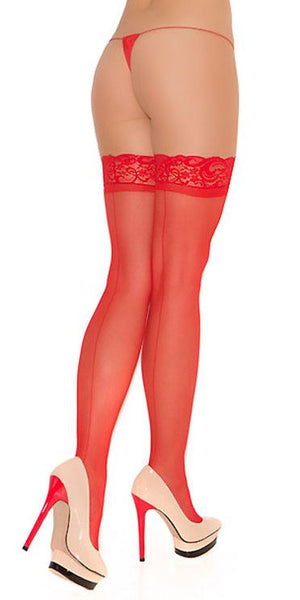 back view of Red sheer thigh high stockings with back seam