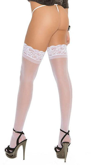 back view of white sheer thigh high stockings with back seam EM-1702