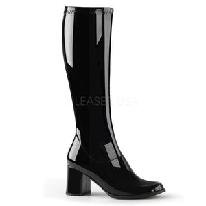 side of black knee high GoGo boots 3-inch heel sizes 5-16