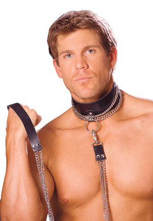 Leather choker with chain and detachable chain leash L9151