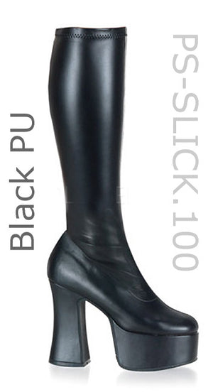 black Knee high white gogo boots with 4.75-inch chunky heel Slick-100