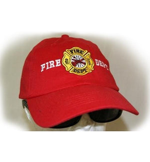 A red cap with the embroidered text 'FIRE DEPT' and a firefighter logo on the front.