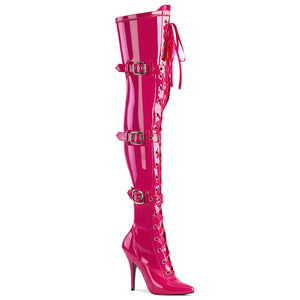 hot pink lace-up front triple buckle strap thigh boots with 5-inch heel Seduce-3028