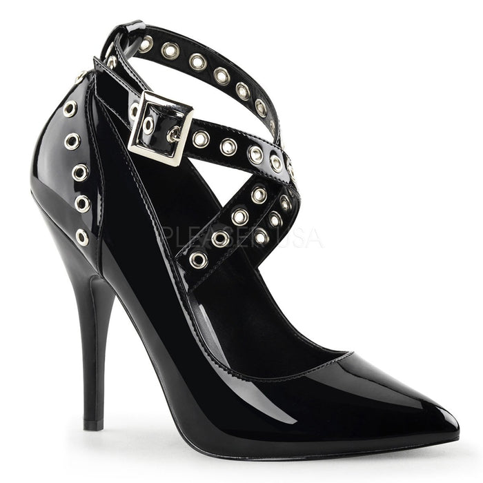 Black Crisscross Ankle Strap Fetish Pump Shoes with 5-inch Spike Heels SEDUCE-443