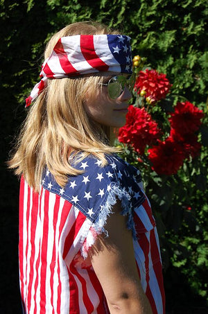 American flag stars and stripes sleeveless denim biker shirt and USA bandana