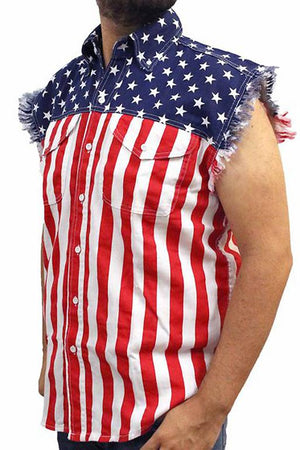 side view of American flag frayed sleeveless men's denim biker shirt