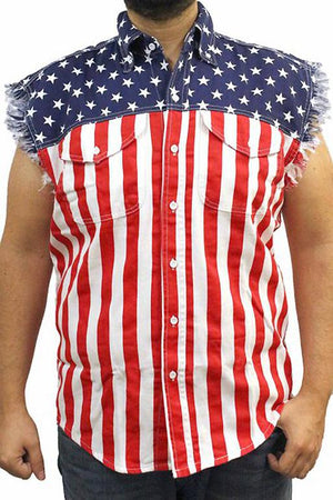 American flag stars and stripes frayed sleeveless men's denim biker shirt