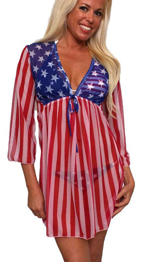 American flag sheer long sleeve beach dress