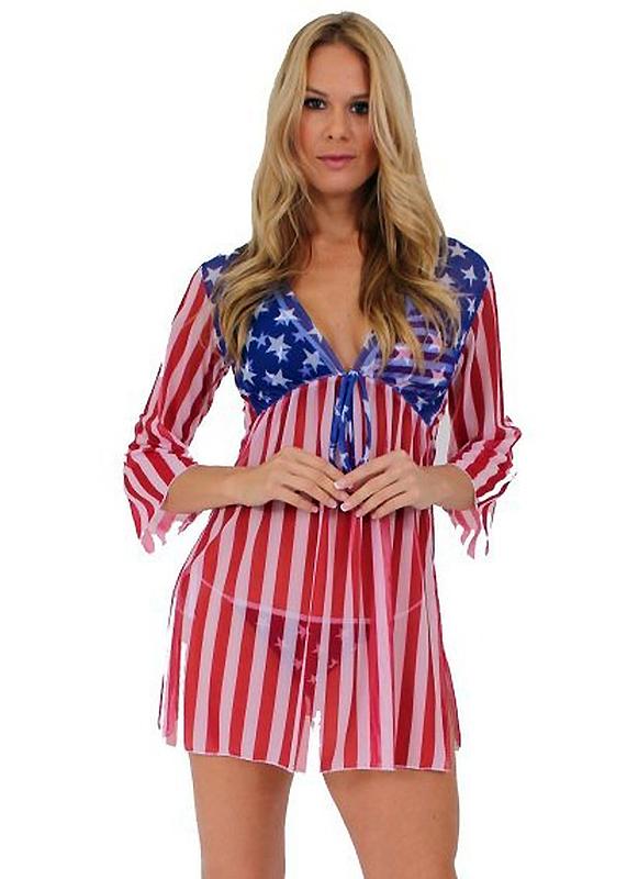 American Flag Sheer Long Sleeve Beach Dress Cover-up