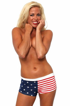 full view of American flag stars and stripes booty shorts