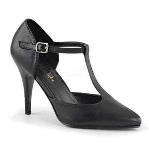 black faux leather T-strap pump shoes with 4-inch spike heels Vanity-415