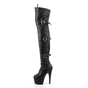 black faux leather platform thigh high boots with 7-inch heels, 3 strap buckles, lace-up. Adore-3028