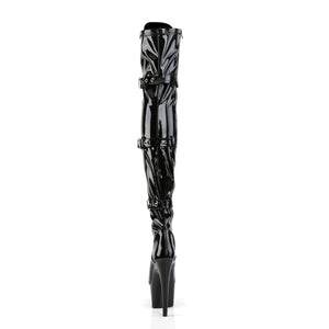 back of black patent platform thigh high boots with 7-inch spike heels, buckles. Adore-3028