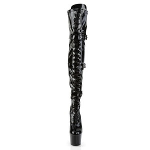 front of black patent platform thigh high boots with 3 strap buckles, lace-up, zipper. Adore-3028