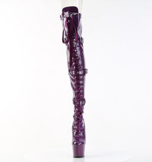 front of purple patent platform thigh high boots with 7-inch heels, buckles, lace-up, zipper. Adore-3028