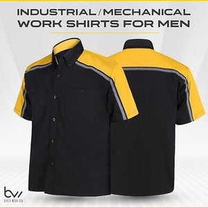 front and back of black and yellow mechanic work shirts WSM-BKYE