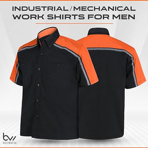 front and back of black and orange mechanic work shirts WSM-BKOR