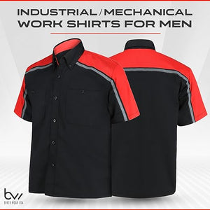 front and back of black and red mechanic work shirt WSM-BKRD