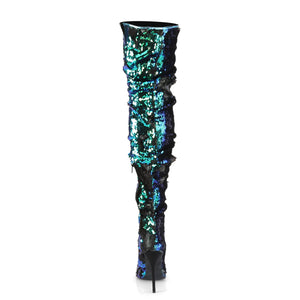 back of green iridescent sequin thigh high boots COURTLY-3011