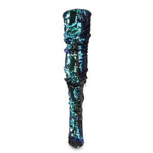 front of green iridescent sequin thigh high boots COURTLY-3011